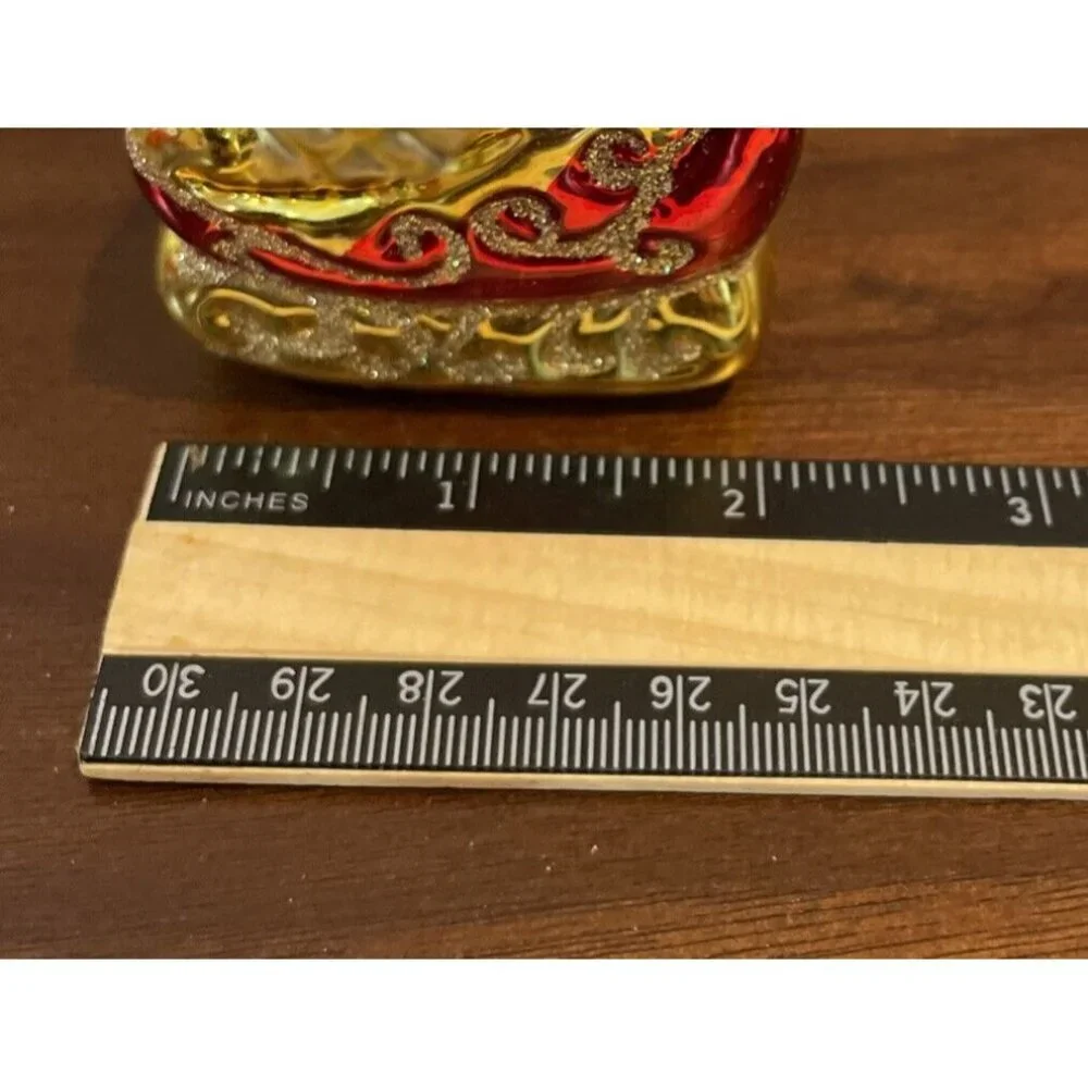 Vtg Santa Glass Christmas‎ Ornament Red Sleigh Glitter 3